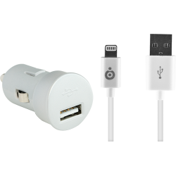 Mini chargeur allume-cigare blanc USB 2A avec câble USB Connectique Lightning