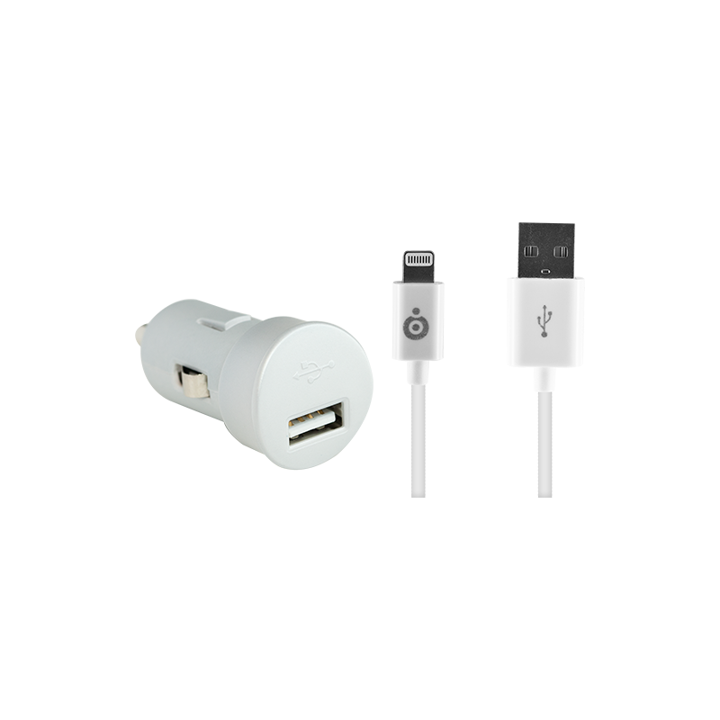 Mini chargeur allume-cigare blanc USB 2A avec câble USB Connectique Lightning