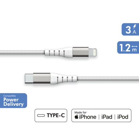 Câble Renforcé USB C vers Lightning 1,2m 3A Blanc Garanti à vie Force Power Lite