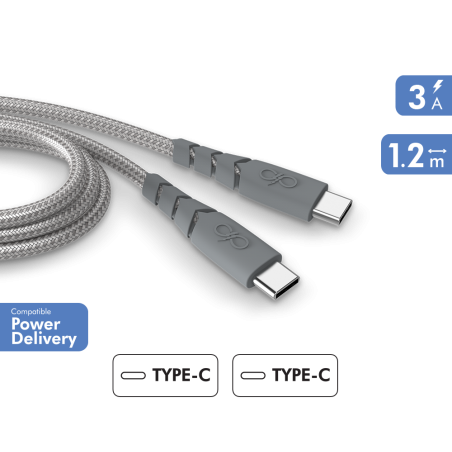 Câble Ultra-renforcé USB C vers USB C 1,2m 3A Garanti à vie Gris Plastique recyclé Force Power