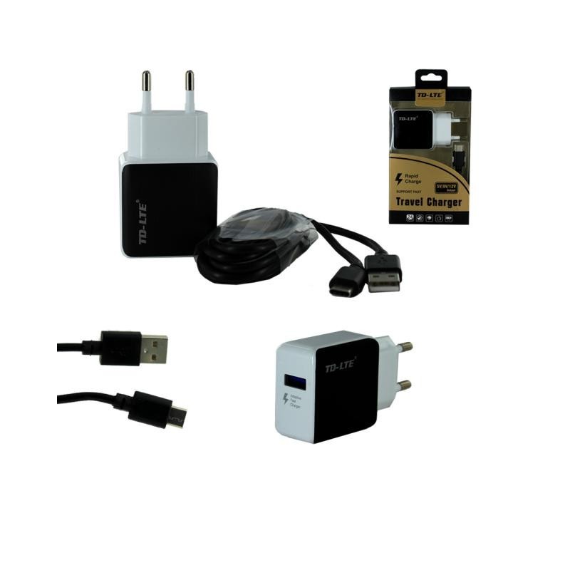 Chargeur USB + cable USB type C 5V/9V/12V . charge rapide -Noir/Blanc