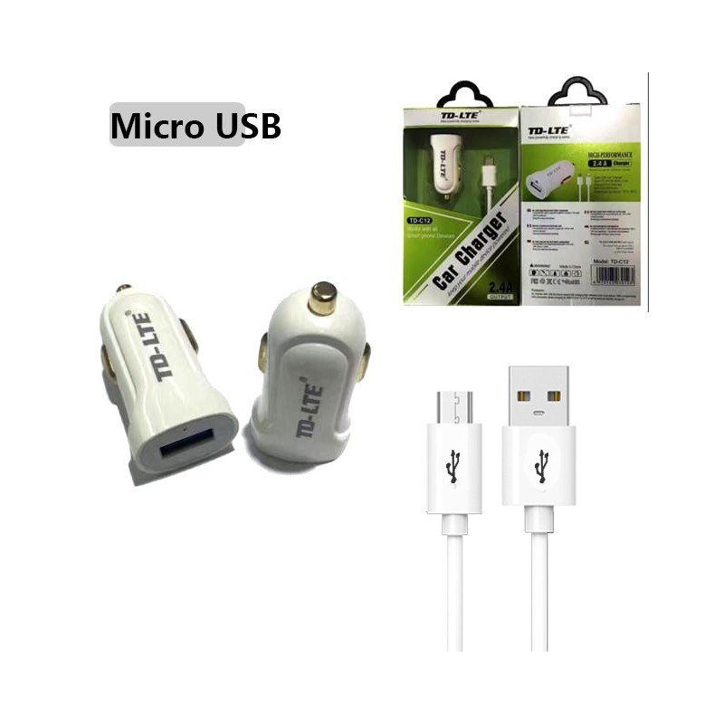 Adaptateur allume cigare 2.4A +cable USB /Micro USB - Blanc