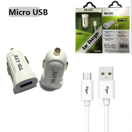 Adaptateur allume cigare 2.4A +cable USB /Micro USB - Blanc