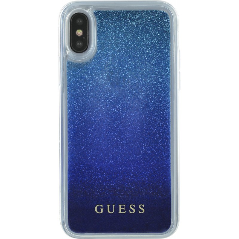  Coque Phone X rigide liquide bleue avec paillettes bleues Guess 