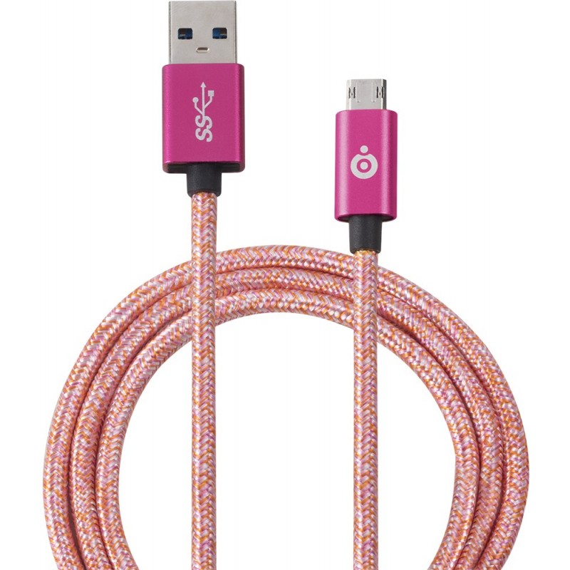 Câble USB/micro USB réversible tissé rose fluo de 2 mètres