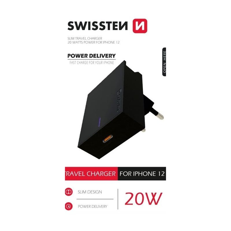Chargeur Swissten USB C 20W noir